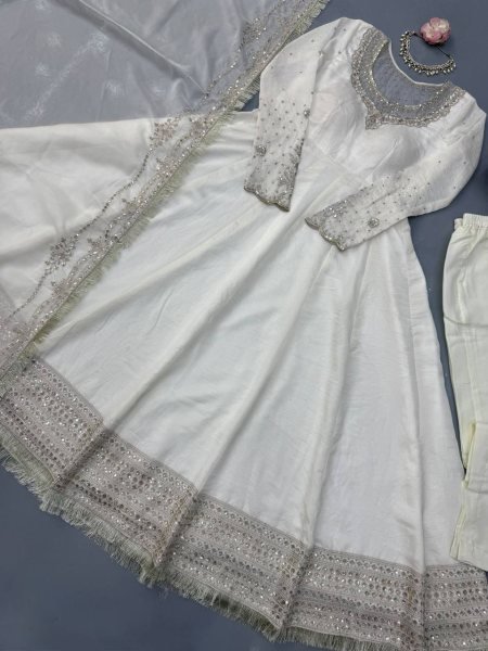 Bohemian White Vichitra Anarkali with 3 5 Meter Flair and Embroidered Dupatta at Wholesale Rate Ready To Wear Collection