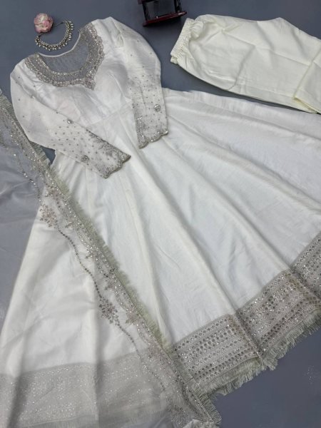 Bohemian White Vichitra Anarkali with 3 5 Meter Flair and Embroidered Dupatta at Wholesale Rate Ready To Wear Collection