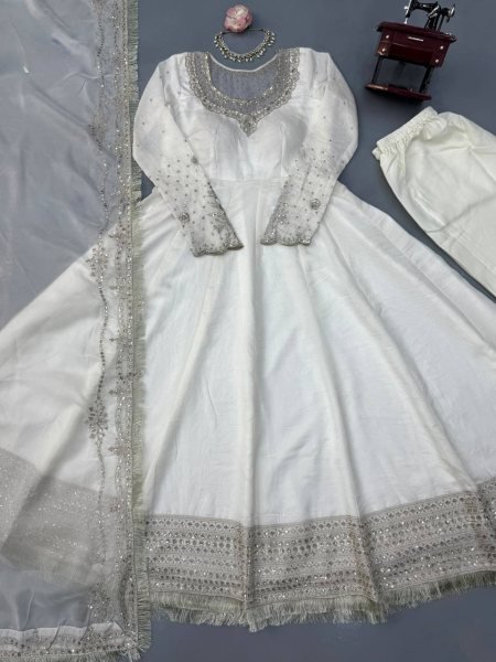 Bohemian White Vichitra Anarkali with 3 5 Meter Flair and Embroidered Dupatta at Wholesale Rate Ready To Wear Collection
