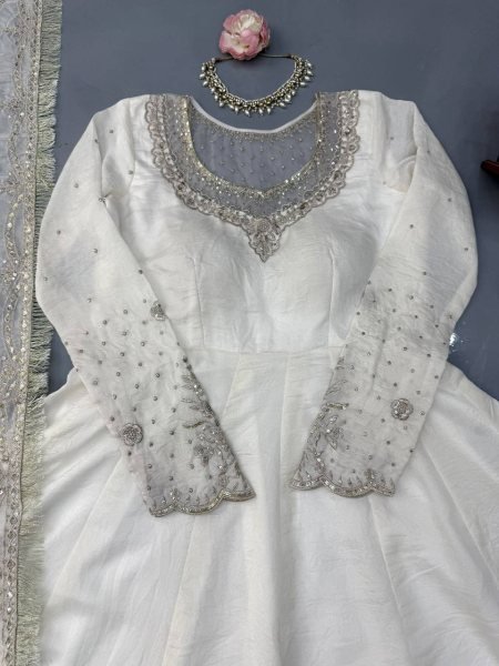 Bohemian White Vichitra Anarkali with 3 5 Meter Flair and Embroidered Dupatta at Wholesale Rate Ready To Wear Collection