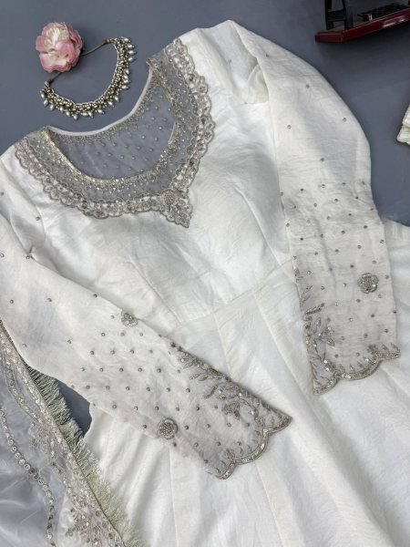 Bohemian White Vichitra Anarkali with 3 5 Meter Flair and Embroidered Dupatta at Wholesale Rate Ready To Wear Collection