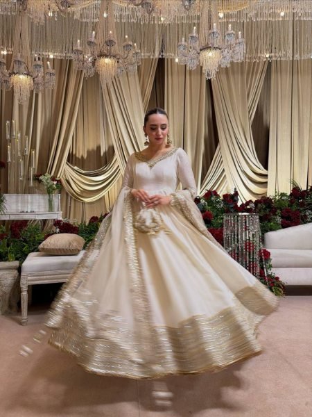 Bohemian White Vichitra Anarkali with 3 5 Meter Flair and Embroidered Dupatta at Wholesale Rate Ready To Wear Collection