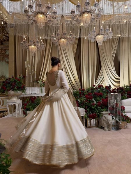 Bohemian White Vichitra Anarkali with 3 5 Meter Flair and Embroidered Dupatta at Wholesale Rate Ready To Wear Collection