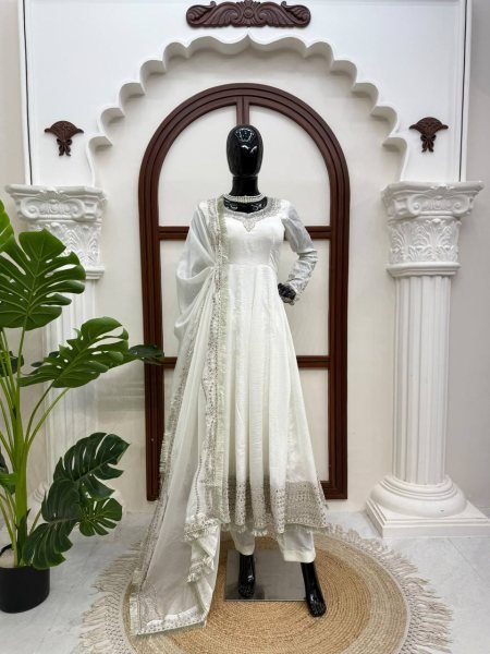 Bohemian White Vichitra Anarkali with 3 5 Meter Flair and Embroidered Dupatta at Wholesale Rate Ready To Wear Collection