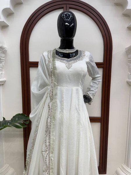 Bohemian White Vichitra Anarkali with 3 5 Meter Flair and Embroidered Dupatta at Wholesale Rate Ready To Wear Collection