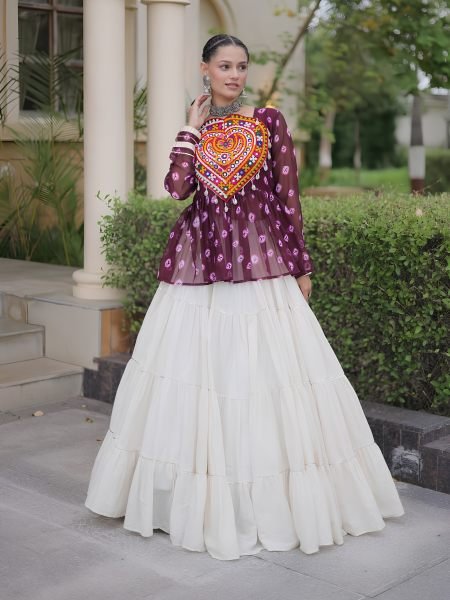 Bohemian Wine Kora Cotton Lehenga with Kutchi Gamthi Patchwork Top at Manufacturer   Lehenga