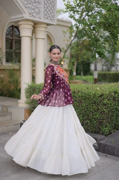 Bohemian Wine Kora Cotton Lehenga with Kutchi Gamthi Patchwork Top at Manufacturer  Navratri Lehnega Choli