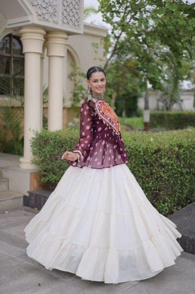 Bohemian Wine Kora Cotton Lehenga with Kutchi Gamthi Patchwork Top at Manufacturer  Navratri Lehnega Choli