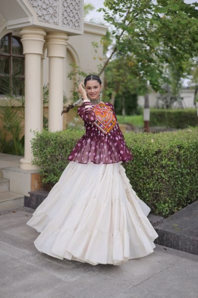 Bohemian Wine Kora Cotton Lehenga with Kutchi Gamthi Patchwork Top at Manufacturer  Navratri Lehnega Choli