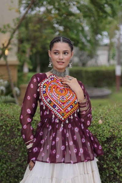 Bohemian Wine Kora Cotton Lehenga with Kutchi Gamthi Patchwork Top at Manufacturer  Navratri Lehnega Choli