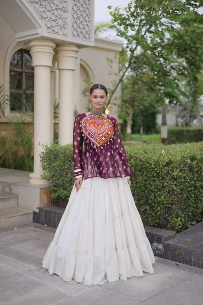 Bohemian Wine Kora Cotton Lehenga with Kutchi Gamthi Patchwork Top at Manufacturer  Navratri Lehnega Choli
