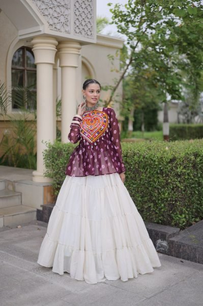 Bohemian Wine Kora Cotton Lehenga with Kutchi Gamthi Patchwork Top at Manufacturer  Navratri Lehnega Choli