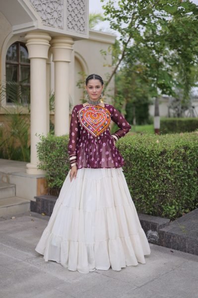 Bohemian Wine Kora Cotton Lehenga with Kutchi Gamthi Patchwork Top at Manufacturer  Navratri Lehnega Choli