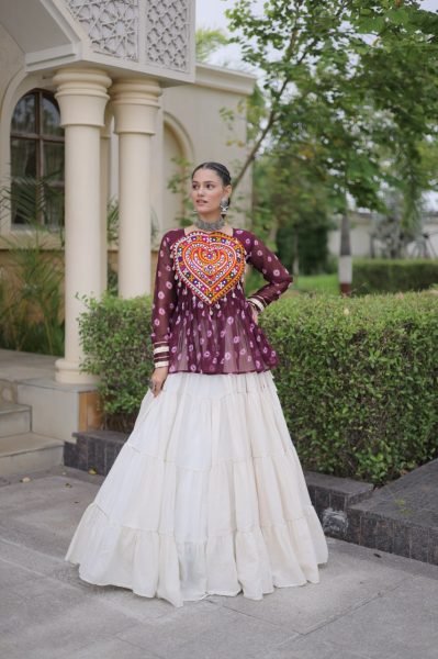 Bohemian Wine Kora Cotton Lehenga with Kutchi Gamthi Patchwork Top at Manufacturer  Navratri Lehnega Choli