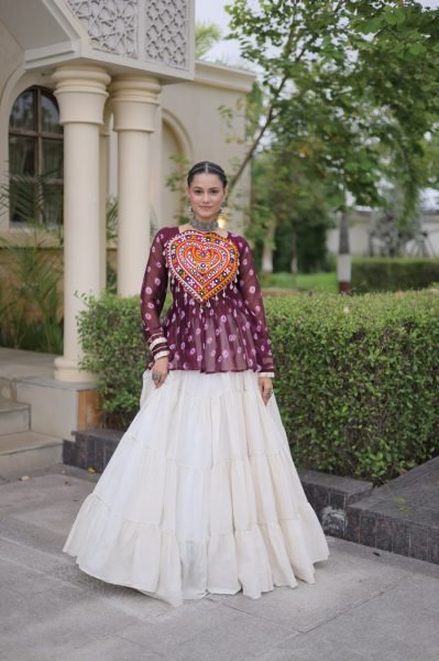 Bohemian Wine Kora Cotton Lehenga with Kutchi Gamthi Patchwork Top at Manufacturer  Navratri Lehnega Choli