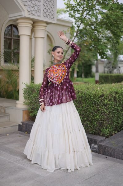 Bohemian Wine Kora Cotton Lehenga with Kutchi Gamthi Patchwork Top at Manufacturer  Navratri Lehnega Choli
