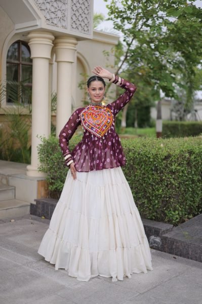 Bohemian Wine Kora Cotton Lehenga with Kutchi Gamthi Patchwork Top at Manufacturer  Navratri Lehnega Choli