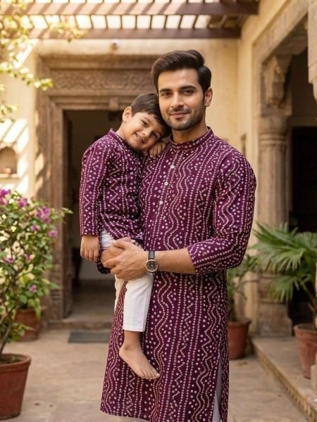 Bohemian Wine Matching Ethnic Kurta Pyjama Set for Father and Son Festive Wear 