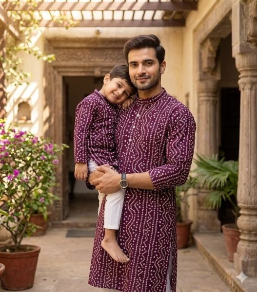 Bohemian Wine Matching Ethnic Kurta Pyjama Set for Father and Son Festive Wear Father Son Collection 