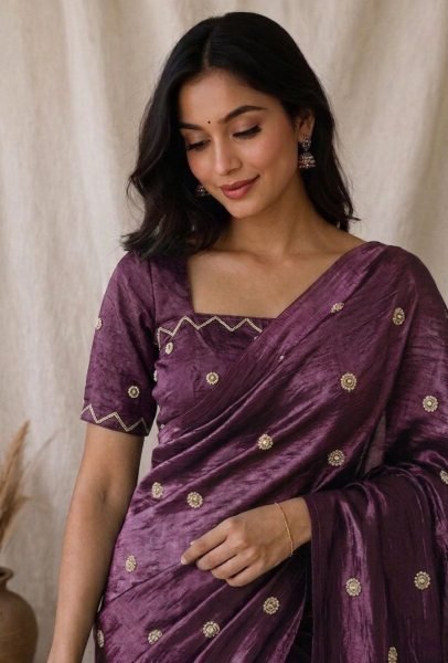 Bohemian Wine Soft Candy Crush Saree with Pearl Cutdana Handwork Silk Sarees Wholesale