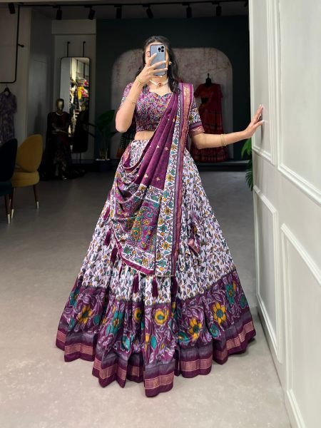 Bohemian Wine Stitched Tusser Silk Lehenga with 3 Meter Flair and Foil Work 