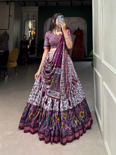 Bohemian Wine Stitched Tusser Silk Lehenga with 3 Meter Flair and Foil Work Designer Lehenga Choli