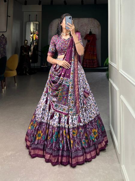 Bohemian Wine Stitched Tusser Silk Lehenga with 3 Meter Flair and Foil Work Designer Lehenga Choli