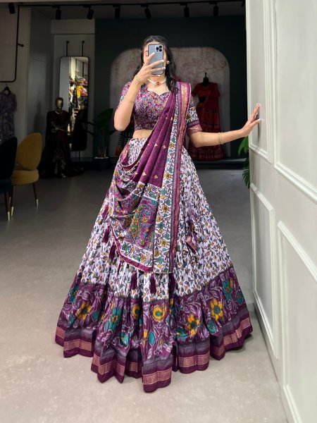 Bohemian Wine Stitched Tusser Silk Lehenga with 3 Meter Flair and Foil Work Designer Lehenga Choli