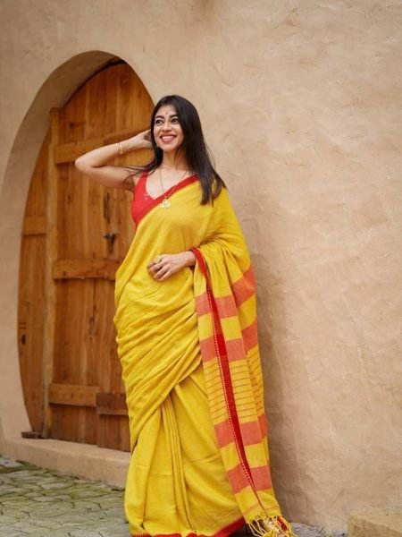 Bohemian Yellow Designer Linen Cotton Saree with Digital Print and Matching Blouse at Wholesale Rate Sarees 