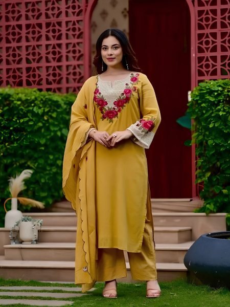 Bohemian Yellow Koral Crush Silk Kurti Pant Dupatta Set with Embroidery for Festival Wear 