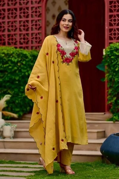 Bohemian Yellow Koral Crush Silk Kurti Pant Dupatta Set with Embroidery for Festival Wear Embroidery Kurtis 