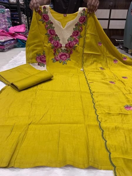 Bohemian Yellow Koral Crush Silk Kurti Pant Dupatta Set with Embroidery for Festival Wear Embroidery Kurtis 