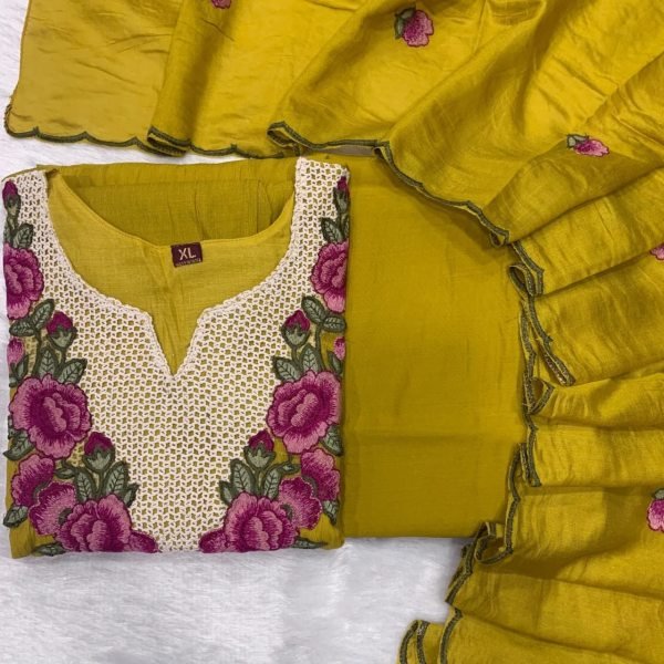 Bohemian Yellow Koral Crush Silk Kurti Pant Dupatta Set with Embroidery for Festival Wear Embroidery Kurtis 