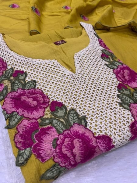 Bohemian Yellow Koral Crush Silk Kurti Pant Dupatta Set with Embroidery for Festival Wear Embroidery Kurtis 