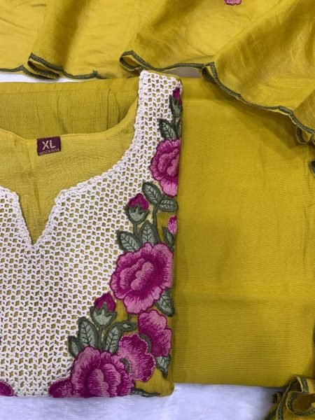 Bohemian Yellow Koral Crush Silk Kurti Pant Dupatta Set with Embroidery for Festival Wear Embroidery Kurtis 