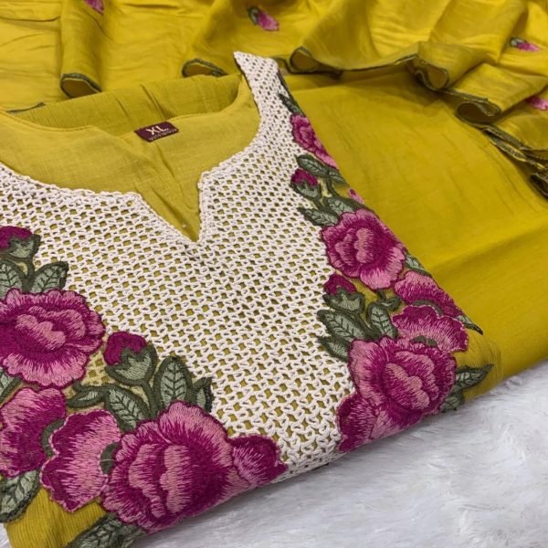 Bohemian Yellow Koral Crush Silk Kurti Pant Dupatta Set with Embroidery for Festival Wear Embroidery Kurtis 