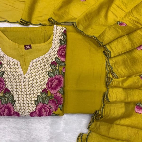 Bohemian Yellow Koral Crush Silk Kurti Pant Dupatta Set with Embroidery for Festival Wear Embroidery Kurtis 