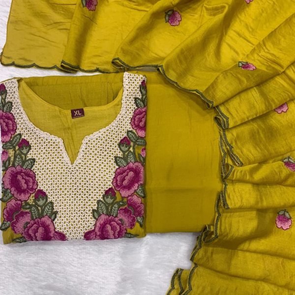 Bohemian Yellow Koral Crush Silk Kurti Pant Dupatta Set with Embroidery for Festival Wear Embroidery Kurtis 