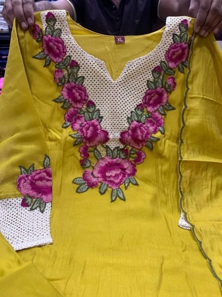 Bohemian Yellow Koral Crush Silk Kurti Pant Dupatta Set with Embroidery for Festival Wear Embroidery Kurtis 