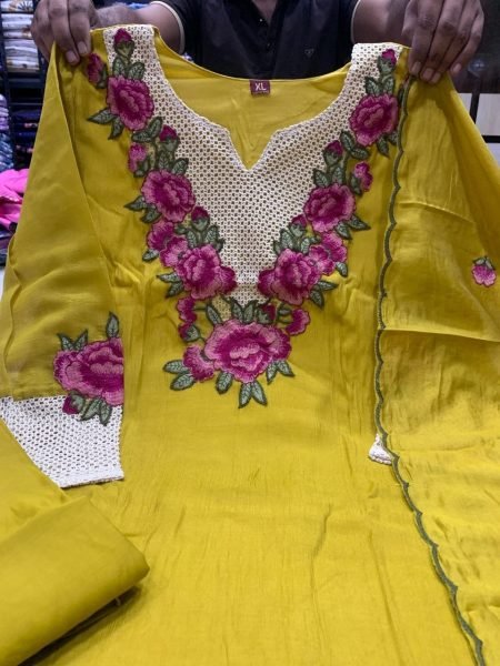 Bohemian Yellow Koral Crush Silk Kurti Pant Dupatta Set with Embroidery for Festival Wear Embroidery Kurtis 