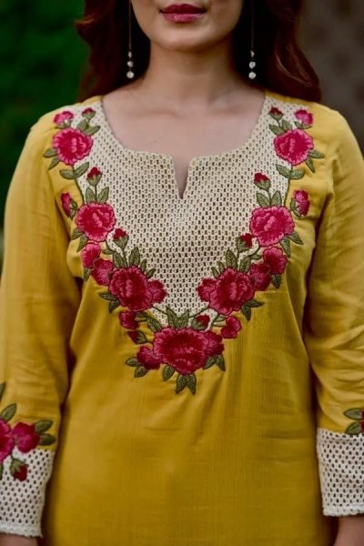 Bohemian Yellow Koral Crush Silk Kurti Pant Dupatta Set with Embroidery for Festival Wear Embroidery Kurtis 