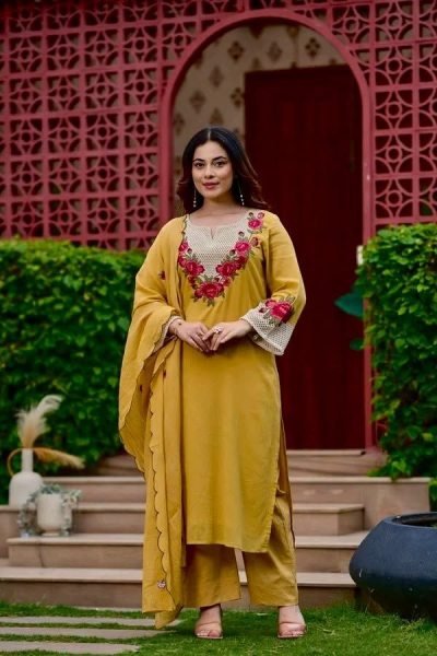 Bohemian Yellow Koral Crush Silk Kurti Pant Dupatta Set with Embroidery for Festival Wear Embroidery Kurtis 