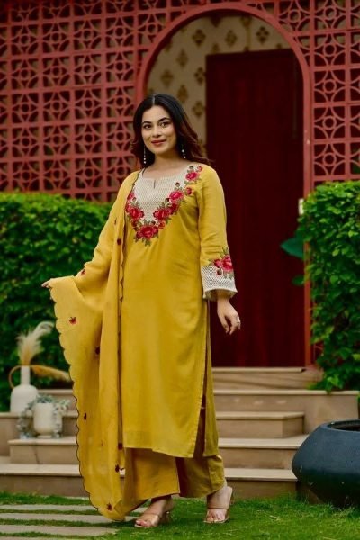 Bohemian Yellow Koral Crush Silk Kurti Pant Dupatta Set with Embroidery for Festival Wear Embroidery Kurtis 