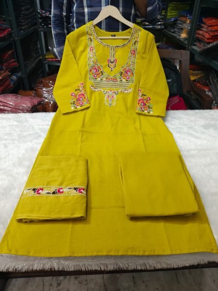 Bohemian Yellow Mughal Fusion Kurti Set for Women in Cotton Fabric at Best Price Embroidery Kurtis 