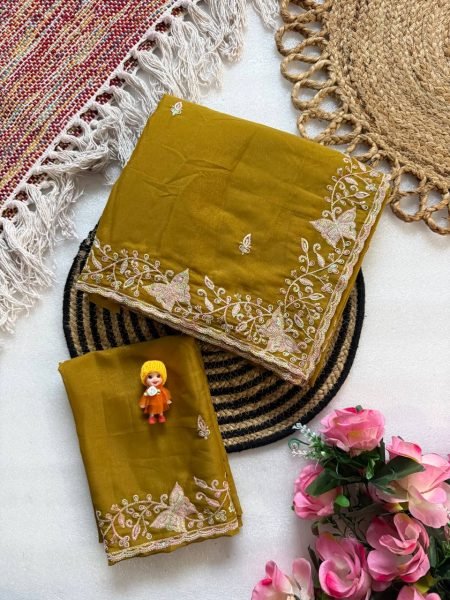 Bohemian Yellow Pure Star Georgette Saree with Cutwork Border and Embroidered Blouse Georgette Sarees Wholesale