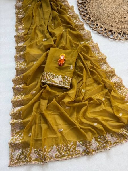 Bohemian Yellow Pure Star Georgette Saree with Cutwork Border and Embroidered Blouse Georgette Sarees Wholesale