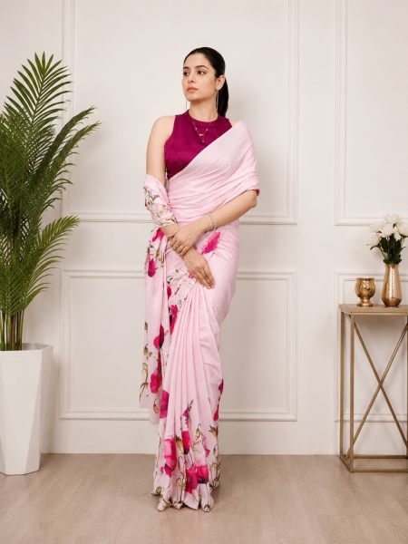 BohemianBaby Pink Satin Silk Printed Saree with 0 80 Meter Unstitched Blouse at Wholesale Rate Sarees 