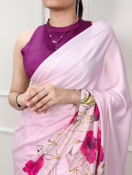 BohemianBaby Pink Satin Silk Printed Saree with 0 80 Meter Unstitched Blouse at Wholesale Rate Silk Sarees Wholesale
