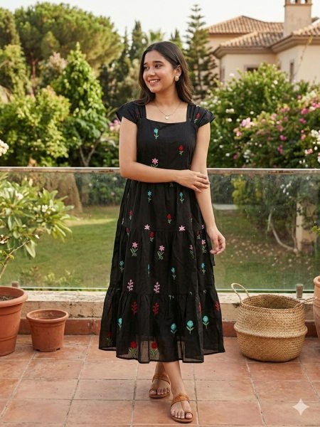 Boho-Chic Black Sleeveless Dress with Multi-Color Floral Embroidery Kurtis