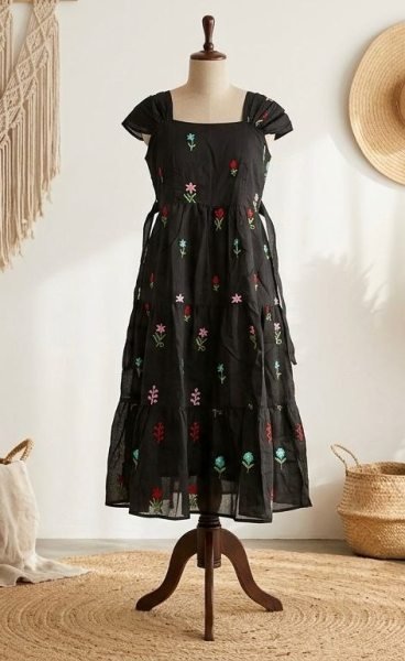Boho-Chic Black Sleeveless Dress with Multi-Color Floral Embroidery Western Ladies Top Wholesale